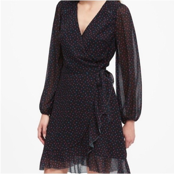 Banana Republic Black Chiffon Heart Print Ruffle Wrap Dress Long Sleeve Size 16 - Picture 1 of 10